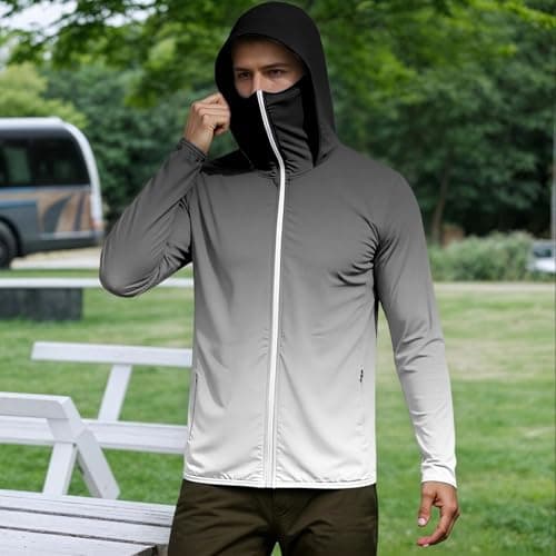 Duohropke Hooded Jacket Men's Sun Protection Sports Jacket Full Zip Windbreaker Running Coat with Thumb Holes UV Shirt Long Sleeve Rash Guard with Mask Travel Hoodie Sun Protection Shirt Training — view 2