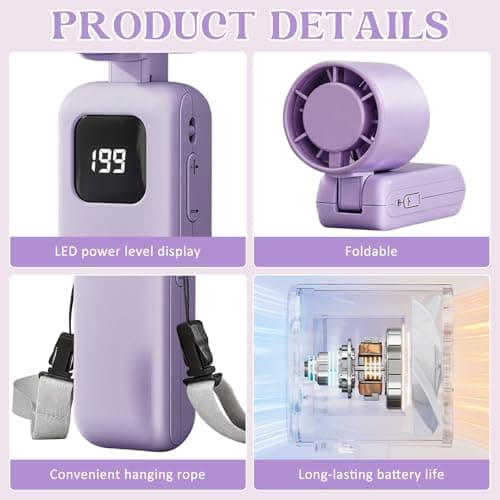 Falafoty Handheld Fan Portable Rechargeable Turbo Fan, 4-in-1 Neck Desk Foldable Hand Fan with Stepless Speed LED Display Personal Pocket USB Small Fan for Home Office Camping Travel Outdoor (Purple) — view 3