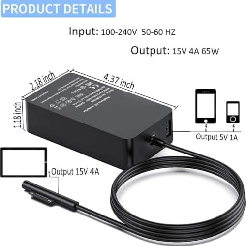 65W Surface Charger,Magnetic Power Adapter with USB Port, Fast Charging Portable Laptop Charger, Compatible with Microsoft Surface Pro 7 6 5 4 3 X Book Go, LED Indicator Safe Durable Travel Charger — view 3