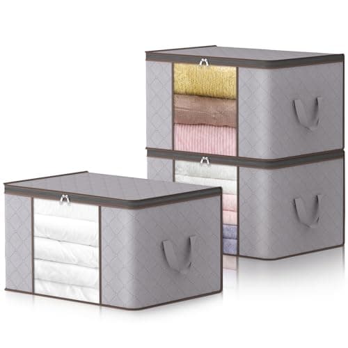 Lifewit 120L Clothes Storage Bags Large Storage Box With Lid Packing Boxes for Moving House With Reinforced Handle Thick Fabric Clear Window for Clothes Duvet Blankets Bedding, 3 Pack, Light Grey