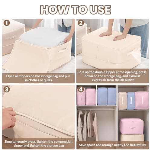 3 Pcs Large Space Saving Self Compression Storage Bag, Duvet Storage Bag, Storage Bags with Handles & 3-Layer Zipper, Large Capacity Clothes Boxes for Bedding, Clothes, Duvets, Pillows (52x42x30cm) — view 3