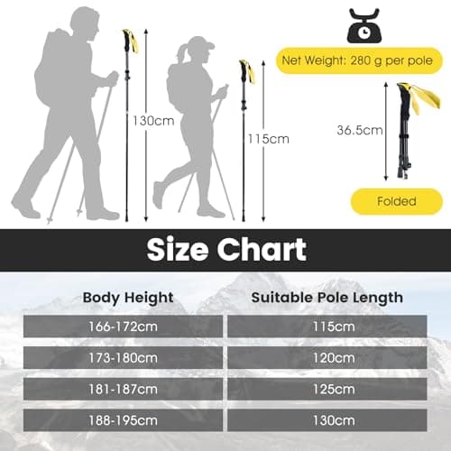 COSTWAY 2 Pack Telescopic Trekking Poles, Portable Aluminum Hiking Sticks, Lightweight Walking Poles for Camping Backpacking (with EVA Foam Handles & Carry Bag, Folding, Yellow) — view 6