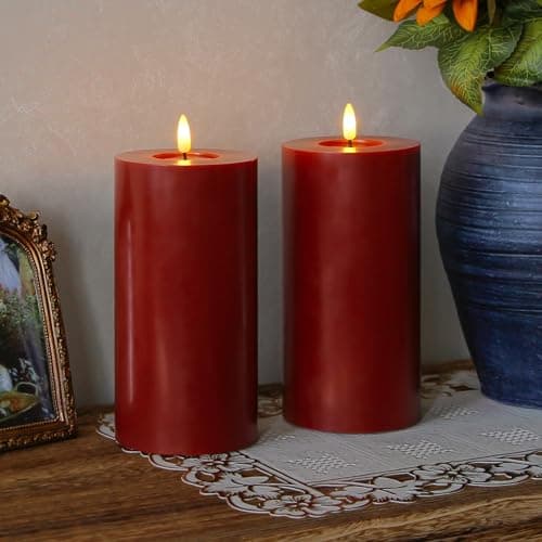 Zevanor Flameless Flickering 10cm x20cm Real Wax Burgundy Remote LED Candles with Candle Grease, Pack of 2 Timer Battery Operated Fake Warm Light Pillar for Home, Banquet, Ceremony Decoration — view 4
