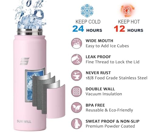 SUNWILL Metal Water Bottle with Straw Stainless Steel, 650ml Insulated Leakproof Thermal Flask with 2 Lids for Cold and Hot Drink, Running, Sports, Gym, Travel, Sakura — view 3