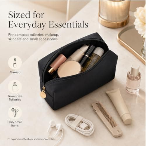Medium Black Makeup Bag for Women and Men, Compact PU Travel Toiletry Pouch — view 3