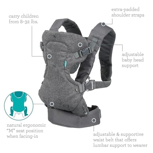 Infantino Flip Advanced 4-in-1 Baby Carrier - Ergonomic, Convertible, Face-in and Face-Out Front and Back Baby Carrier for Newborn to Toddler 3,6-14,5kg, Grey with Bib — view 5