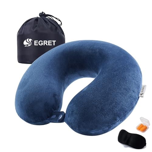 EGRET Memory Foam Travel Neck Pillow - Ergonomic Neck Pillow for Airplane, Car & Office - Lightweight & Compact with Storage Bag, Sleep Mask & Earplugs (Navy Blue)