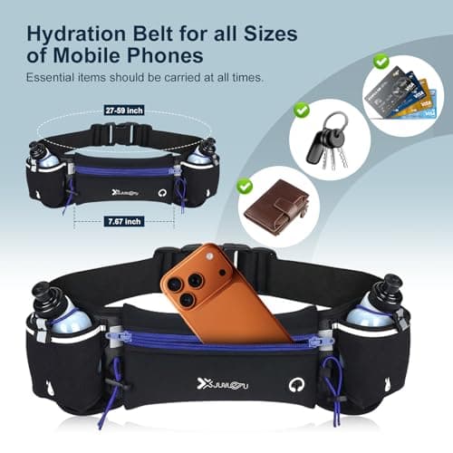 Running Belt with Water Bottles (2 x 175ML), Hydration Belt for Men and Women, Water Bottle Holder Running Pouch Belt, Fanny Pack Fits 7 inches Phones, Waist Pack for Running Hiking Climbing (Blue) — view 3
