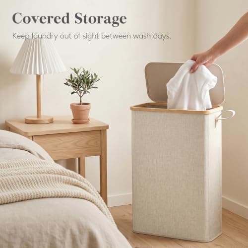 Lifewit 50L Slim Laundry Basket with Lid, Narrow, Removable Bag, Beige — view 5