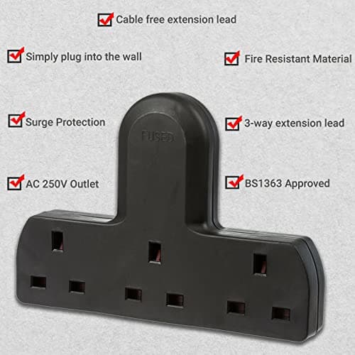 Invero 3 Way Multi Mains Adaptor - One Socket into Three Triple Plugs - Cable Free - UK 3 Pin Plug - British Approved 13A - Black — view 4