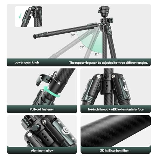 ULANZI JJ05 184 CM Carbon Fiber Camera Tripod, Overhead Travel Tripod w/Central Column and UKA Quick Release Plate for Cameras/DSLR/Projector/Camcorder, Horizontal Stand, Weight 1.56kg, Maxload 18kg — view 5