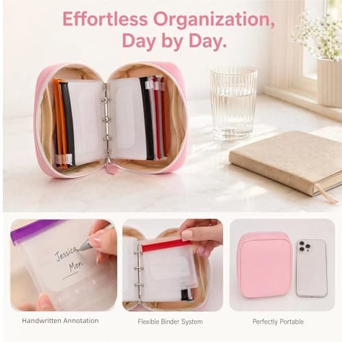 A8 Waterproof Pill Organizer Set,Pill Organiser with 14 Color-Coded Pill Pouch,7-14 Day Zipper Pill Pouches for Travel,Reusable Weekly Medicine Organiser Binder,Portable Dosset Box for Vitamin (Pink) — view 5