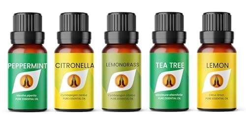 Insect Repellent Essential Oil Set | Peppermint, Citronella, Lemongrass, Tea Tree, Lemon 5 x 10ml | for Diffusers for Home, Aromatherapy, Gift for Him/Her, Candle Making, Soaps, Wax Melts, Sprays