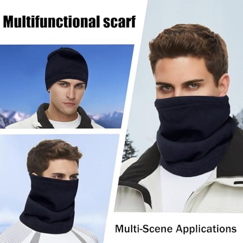 JSTHHTT 2 Pack Thermal Knitted Snood Scarf Thick Winter Cold Weather Neck Warmer Windproof Neck Gaiter Snood for Men Women Face Tube Scarf Headwear (2, Navy Blue, Burgundy) — view 4