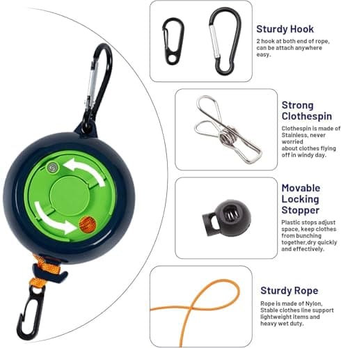 ZONSUSE Portable Travel Clothesline,Adjustable Camping Clothesline,10m Anti-Tangle Retractable Clothes Line,with 10 Fixed Buckles and 20 Clothespins, for Indoor Outdoor Balcony Garden Hotel (Green-B) — view 6