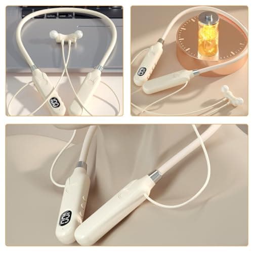 LALADEFIEE Wireless Neckband Around the Neck Headphone Comfortable Design Lightweight Portable for Travel and Outdoor Activities Beige — view 3