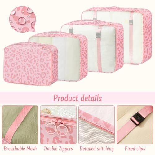 MOFELON 8PCS Packing Cubes for Suitcase, Travel Luggage Organisers for Backpack, Waterproof Suitcase Organiser Bags, Travel Essentials Accessories - Pink leopard print — view 5