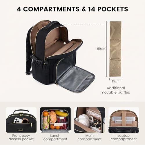 LOVEVOOK Laptop Backpack for Women with Lunch Compartment and Pouch Pocket for Large Capacity Cup,15.6 Inch Insulated Cooler Laptop Rucksack Work Travel College Teacher Business Picnic Lunch Bag Box — view 4