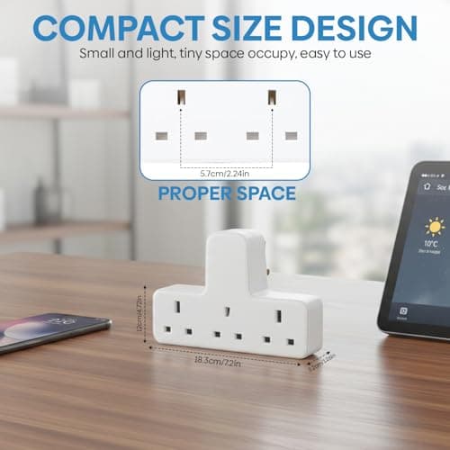 Plug Adapter, 3 Way Plug Adapter UK Wall Socket Plug Extension 13A Mains Adapter Plug UK Multi-Socket Power Extender Adaptor for Home, Office, Kitchen Compact & Lightweight — view 2