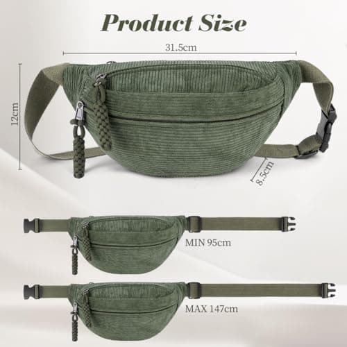 Aucuu Corduroy Waist Bag, Corduroy Bumbag, Women's Shoulder Bag, Belt Bags, Fashion Sports Chest Bags with Adjustable Shoulder Straps, Waist Pack for Daily Use, Outdoor Sports, Hiking, Travel（Green） — view 2