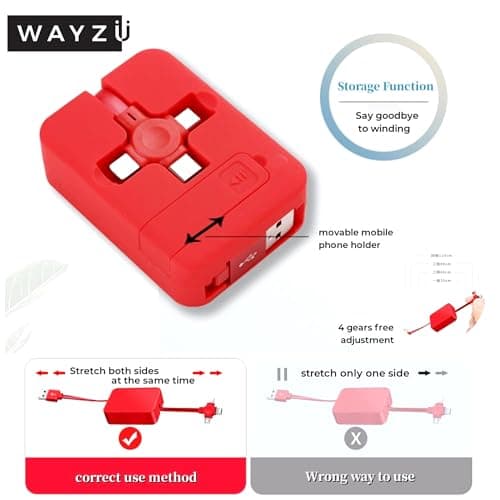Wayzu® Multi Charging Retractable Cable with Phone Stand, 4 in 1 USB Charger Cord with Type C, Micro USB and iPhone Connector, Fast Charging and Data Cable for Travel and Everyday Use — view 3