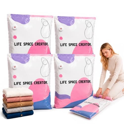 MARKIVO No-Pump Vacuum Storage Bags, Large 4 Pack, Heavy Duty 7-Strand Nylon Space Saver Bags, Press & Seal 3D Cube Compression Bags for Clothes Bedding Duvets, Thickened PA+PE Reusable Vacuum
