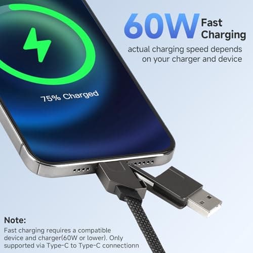 AHRLIC 4-in-1 USB Charging Cable Keychain – Zinc Alloy, Multi-Adapter Charger Cord for USB, Type-C, Micro USB, iOS Port Devices – 60W Fast Charging, Magnetic Stretchable Travel Cable (Dark Gray) — view 6