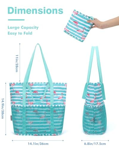 Beach Bag with Zip and Pockets Small Beach Tote Bags Women, Green Flamingo — view 4