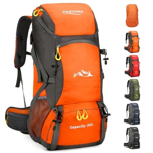 jianyana Hiking Backpack Waterproof 50L Foldable Rucksack Durable Lightweight Camping Bag with Rain Cover for Camping Trekking Hiking Walking Cycling Climbing Outdoor Sports for Women Men Orange