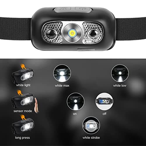 flintronic LED Head Torch, USB Headlamp Rechargeable LED Head Torch, IPX6 Waterproof Headlight Flashlight, Ultra-Light Super Bright 160 Lumen Head Lamp s with Motion Sensor and Red Light Modes — view 4