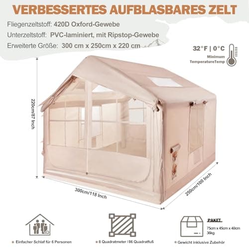 Inflatable Camping Tent with Pump, 420D Oxford Glamping Inflatable Tent for Camping, Waterproof up to 3000 mm, 4 Season Anti-UV Cabin Tent with Mesh Windows and Doors for 4-6 People, 300 x 250 x 220 — view 2
