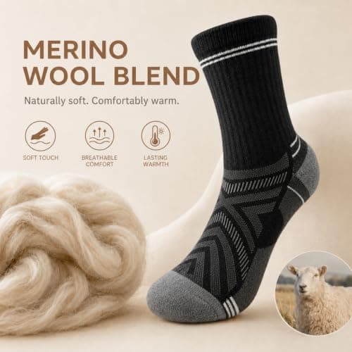 GOZINA Men's Merino Wool Hiking Socks, 3 Pairs Thermal Boot Socks, Black — view 3