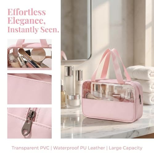 Clear Makeup Bag Travel Toiletries Bag, Toiletry Bags for Women, Waterproof Emergency Kit Bag for Girls, Portable Make up Wash Pouch for Travel Holiday Essentials Accessories (Pink) — view 3