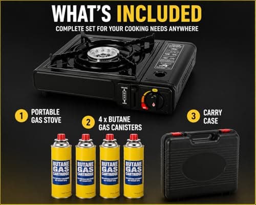 Portable Camping Gas Stove with 4 Butane Gas Canisters & Carry Case – Portable Butane Gas Cooker for Camping, Caravan, Fishing, BBQ & Emergency Cooking – Single Burner Portable Stove — view 3