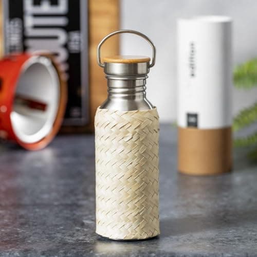 Personalised 600ml Stainless Steel Water Bottle with Bamboo Base & Straw Pouch - Limited Edition Eco-Friendly Custom Engraved Bottle with Carry Handle — view 5