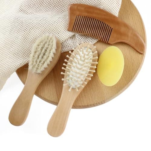 SOIMISS Bath Brush and Comb Kit for Home and Travel, Beech Handle and Wool Material, Promotes and Removes Newborn Scalp Residue, Healthy Bathing Accessory for Boys — view 6