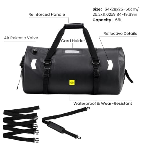 GoDyna 66L Waterproof Duffel Bag, Motorcycle Travel Heavy-Duty 500D PVC Luggage Bag with Quick-Release Fixed Straps, Reflective Roll-Top Cargo Pack for Rafting, Kayaking, Camping — view 5