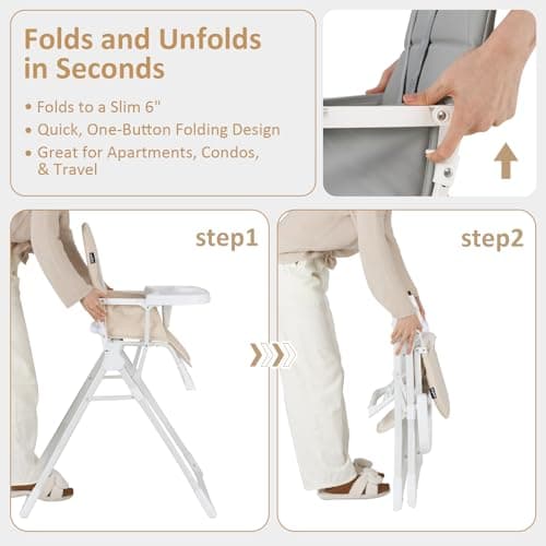 INFANS Baby High Chair, Quick One-Hand Fold Highchair for Babies and Toddlers with Adjustable Footrest Removable Dishwasher Tray PU Seat, Compact Highchairs for 6-36 Months (Beige) — view 3