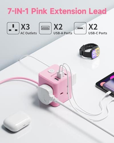 Pink Cube Extension Lead with USB C Slots, 3 Way Power Extension — view 2