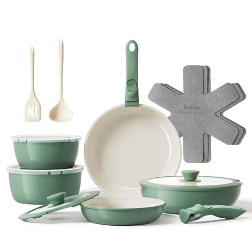 Redchef 16pcs Ceramic Pots and Pans Set Non Stick, Nonstick Cookware Set with Detachable Handle, PFAS PFOA & PTFE Free, RV Ceramic Cookware Set for Camping, Oven Safe (Green)