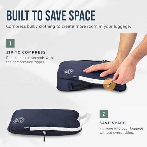 Extra Large Compression Packing Cubes for Travel-Extra Large Packaging Cube Luggage Organizers 7 Piece Set-Ultralight, Expandable/Compression Bags for Clothes (Navy/White)) — view 5