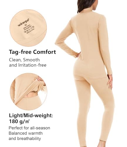 wirarpa Women's Thermal Underwear Set Cotton Base Layer Top & Bottoms M — view 2