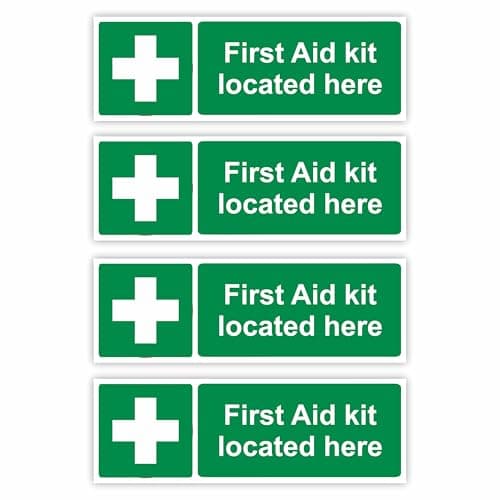 4-Pack "First Aid Kit Located Here" Self Adhesive Signs / 5x15cm Each (Pack of 4) / Landscape Orientation Removable & Wipeable/Indoor or Outdoor Stickers/Gloss Finish /