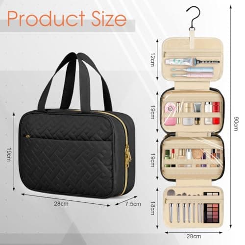 OSDUE Hanging Toiletry Bag, Large Capacity Wash Bag for Women, Waterproof Travel Toiletry Bags with Hanging Hook Makeup Cosmetic Bags for Travel Size Accessories (B-Black) — view 2