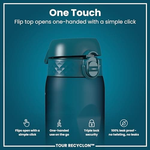 ION8 Sports Water Bottle, 750 ml/24 oz, Leak Proof, Easy to Open, Secure Lock, Dishwasher Safe, BPA Free, Flip Cover, Carry Handle, Soft Touch Contoured Grip, Easy Clean, Odour Free, Teal — view 3