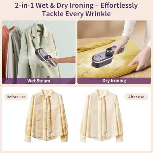 Travel Steamer for Clothes with LED Screen 2 in 1 Portable Iron, 3 Steam Levels & 150ML Water Tank, 10S Fast Heat-up, 1200W Powerful 180°Foldable Wrinkles Remover Steamer for Travel, Home (Purple) — view 2