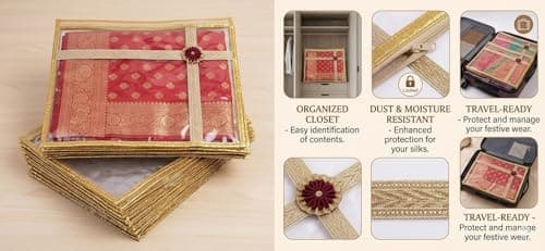 Indianearth Enterprises Premium Transparent Saree Cover, Saree Bags For Storage, with Gold Border and Flower Brooch, Clothes Cover Organizer for Wardrobe, Travel, Wedding Dresses (Pack of 10) — view 2
