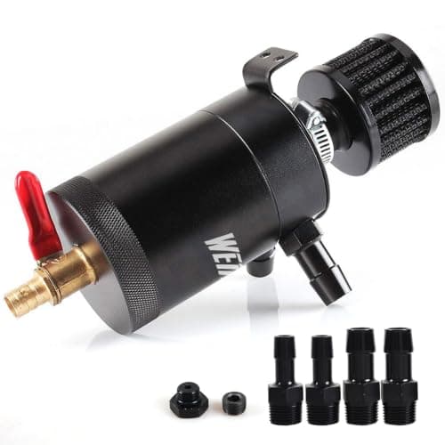 WENJTP Oil Catch Can Kit with 4 Adapters + Breather Filter Drain Valve Plug 2 Ports (1 oulet + 1 inlet) 150ml Universal Aluminum Baffled Oil Reservoir Tank Oil Separator HTRACING (Red)