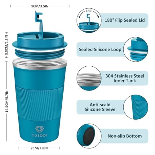 CS COSDDI Travel Mugs, Insulated Coffee Cup with Leakproof Lid - Reusable Coffee Cups Travel - Car Coffee Cup - Stainless Steel Travel Mug for Hot and Cold Coffee Water and Tea (Blue-A, 380 ml) — view 4