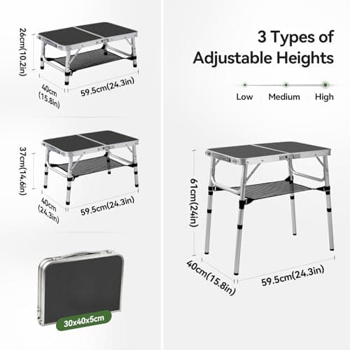 Warmiehomy Folding Camping Table, 3 Adjustable Height, Max 60cm Aluminum Picnic Table with Storage Net & Carry Handle, Portable Grill Table for Camping, Picnic, Backpacking, RV, BBQ, 60X40cm, Black — view 2